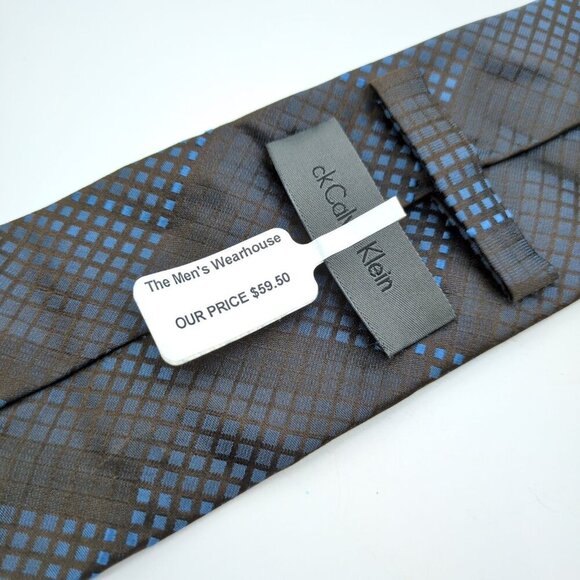 Calvin Klein CK 100% Silk Blue and Brown Checkered Tie Men's Fancy Work Career - Picture 6 of 8